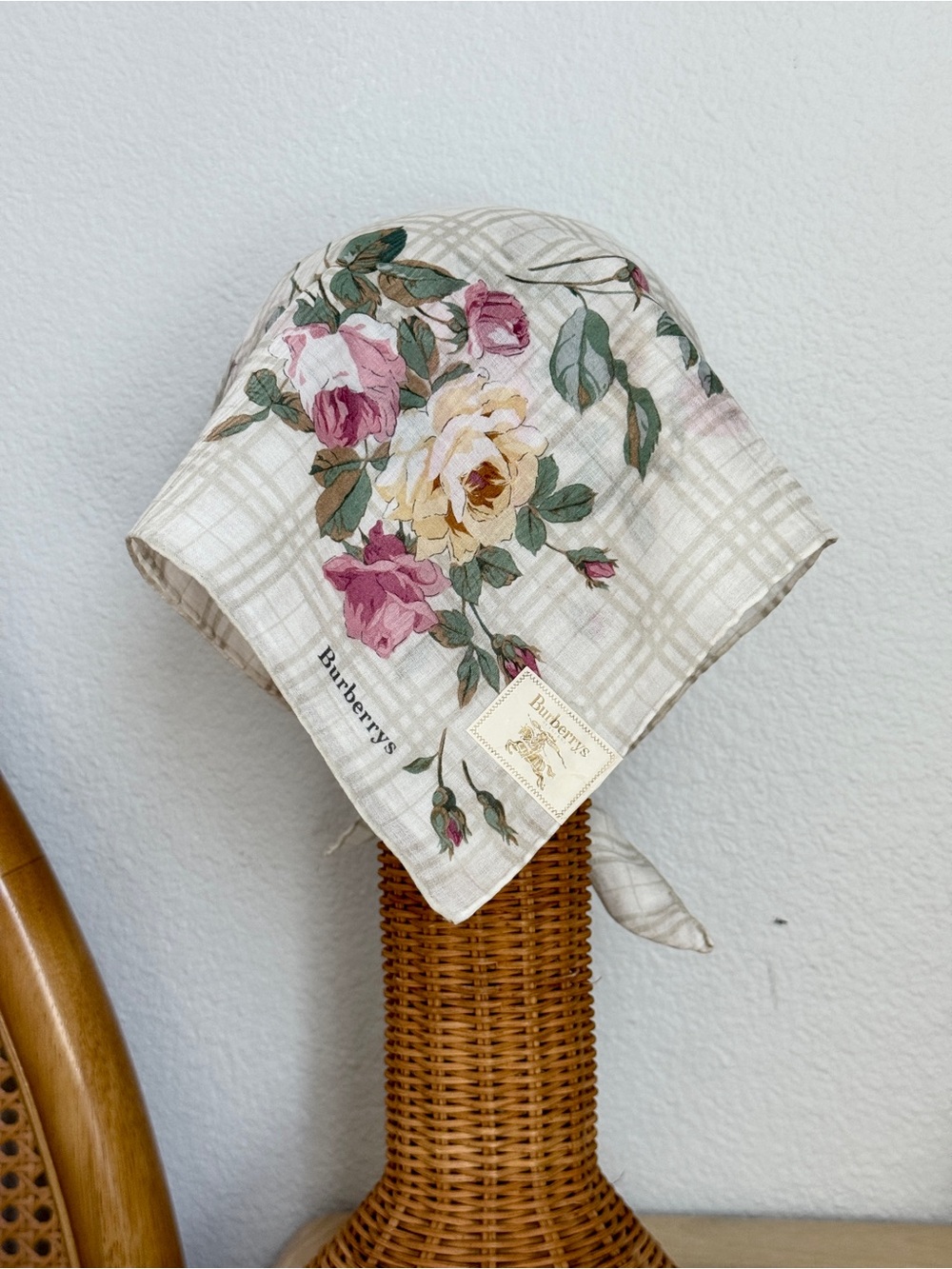 Vintage Burberrys Ivory Rose Floral Plaid Cotton Bandana Scarf Made in Japan